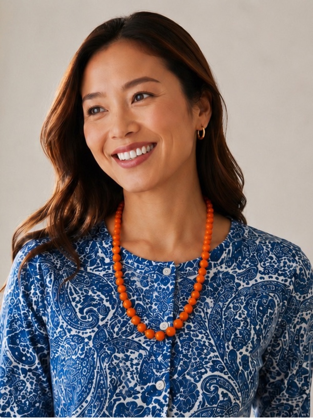 Rust orange bead necklace graduated 20 inches approx length silver chain clasp